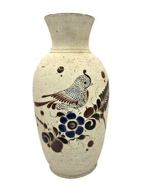 Vintage Tonala Mexican Pottery Vase Hand Painted Folk Art Bird Floral Decor 8.5"
